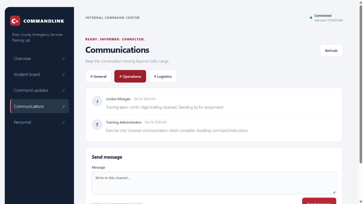 CommandLink Operations channel with fictional training messages and a message composer
