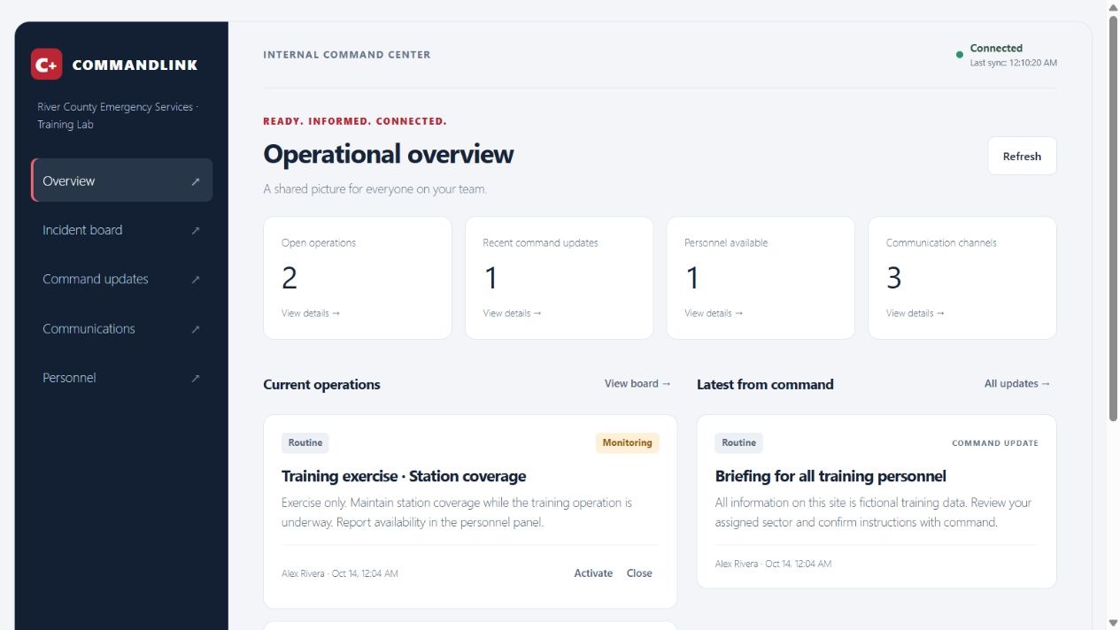 CommandLink operational overview showing fictional training incidents and command updates