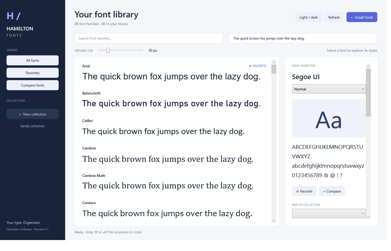 Hamelton Fonts library showing font previews, collections and the font inspector
