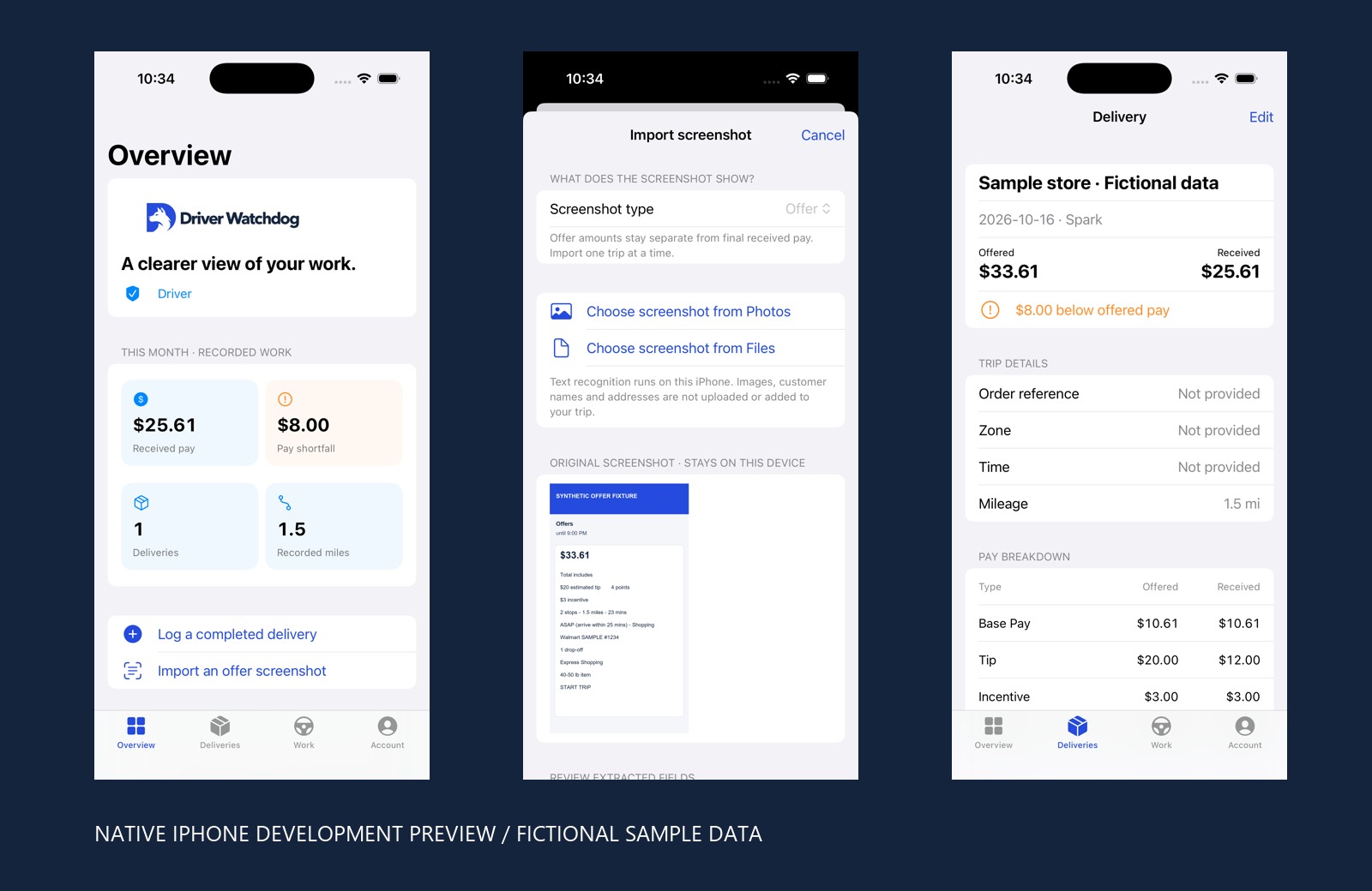 Actual native Driver Watchdog iPhone screens with fictional sample data