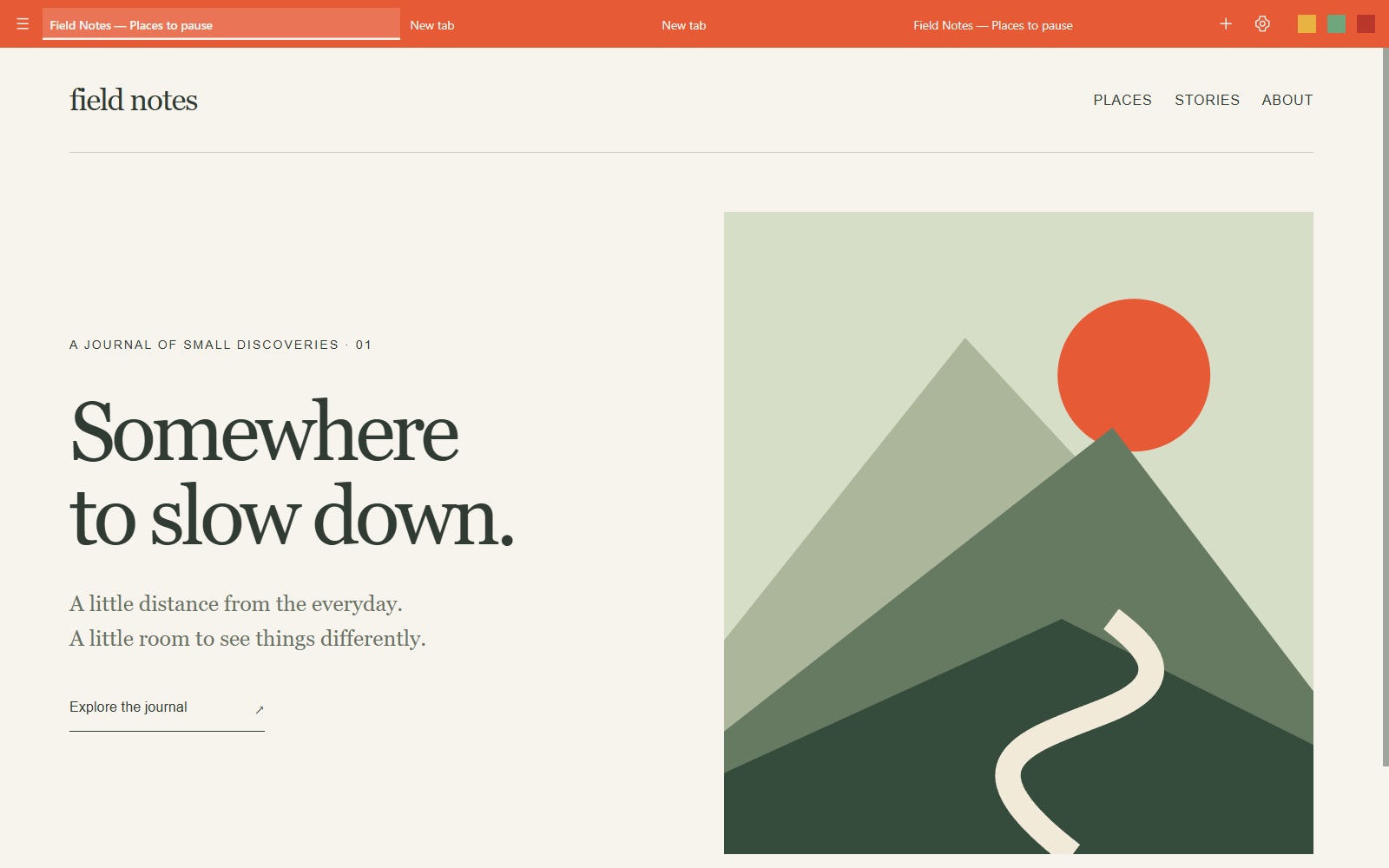 Hem Windows release candidate displaying the Field Notes demonstration website in its narrow persimmon frame